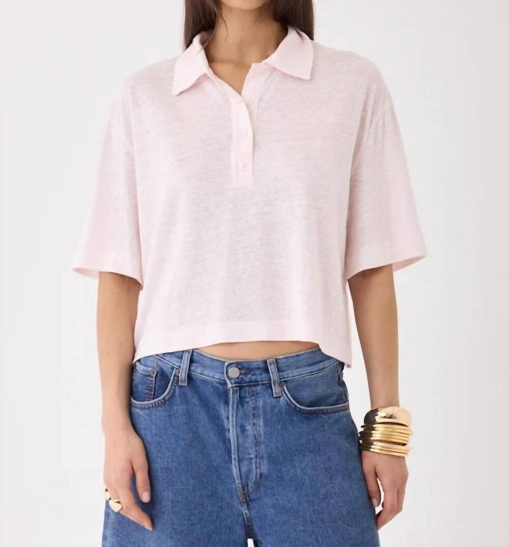 NEW MAJESTIC FILATURES stretch linen crop elbow sleeve polo top in eau de rose